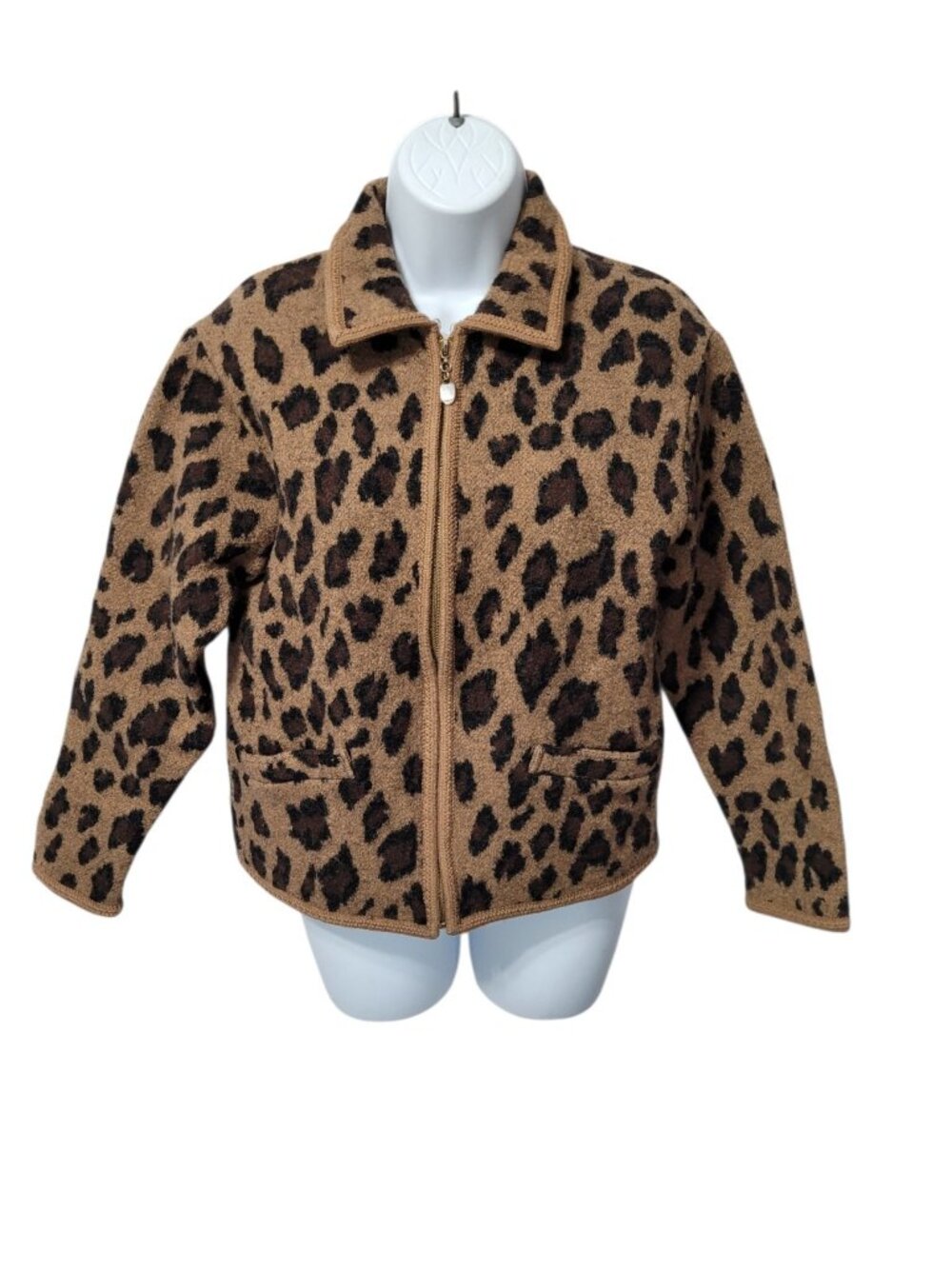 Vintage Lisa International Jacket M Boiled Wool Animal Print Full Zip Pockets - Picture 8 of 11